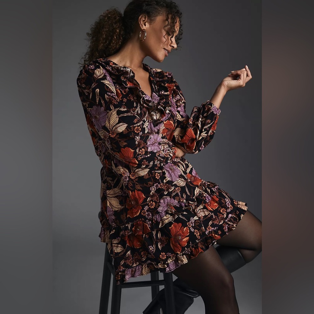 Pilcro Tiered Corduroy Mini Dress‎ Contemporary Floral Fall Colors Anthropologie